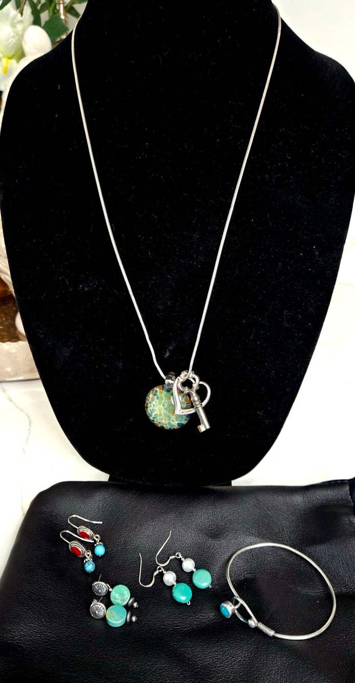 Sterling Silver Artisan Jewelry Set with Charms, Turquoise Earrings & Bracelet